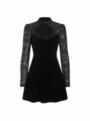 Velvet Stand Collar Long Sleeve Lace Mesh Knotted Mini Dress