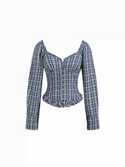Cotton-blend Sweetheart Neckline Plaid Lettuce Trim Blouse