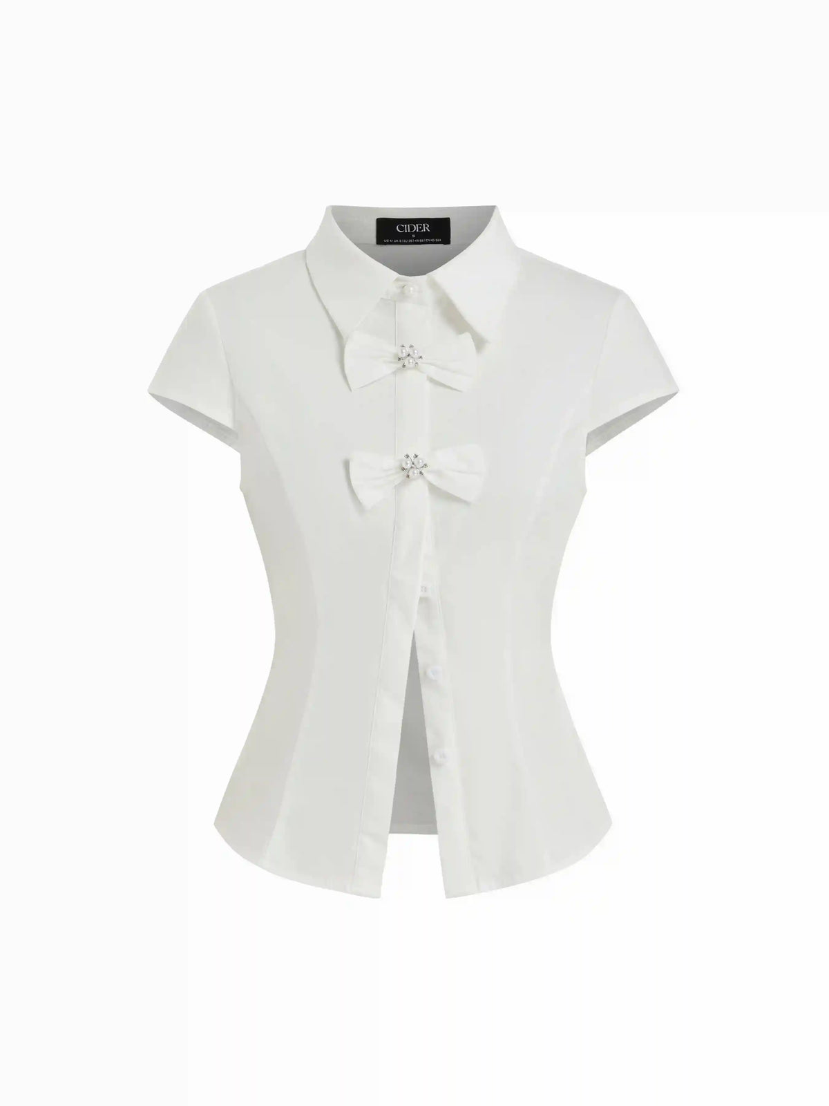 Cotton-blend Short Sleeve Pearl Detail Bowknot Blouse