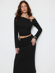 Asymmetrical Metal Detail Off-shoulder Top & Mid Rise A-line Midi Skirt Set