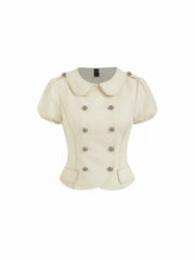 Cotton-blend Peter Pan Collar Contrast Stitching Puff Sleeve Blouse