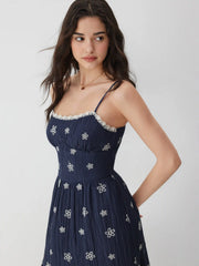 Embroidery Floral Tiered Lace Trim Flared Maxi Dress