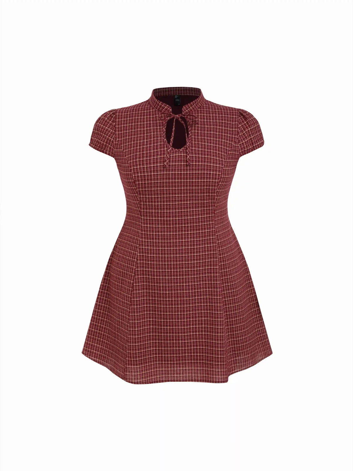 Cotton-blend Mandarin Collar Tartan Cut Out Bowknot Puff Sleeve Mini Dress Curve & Plus