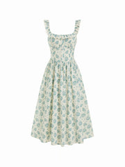 Floral Square Neck Ruffled Tie Back A-line Maxi Dress