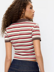 Cotton-blend Stripe Polo Neck Tee