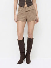 Tweed Low Rise Houndstooth Micro Shorts With Belt