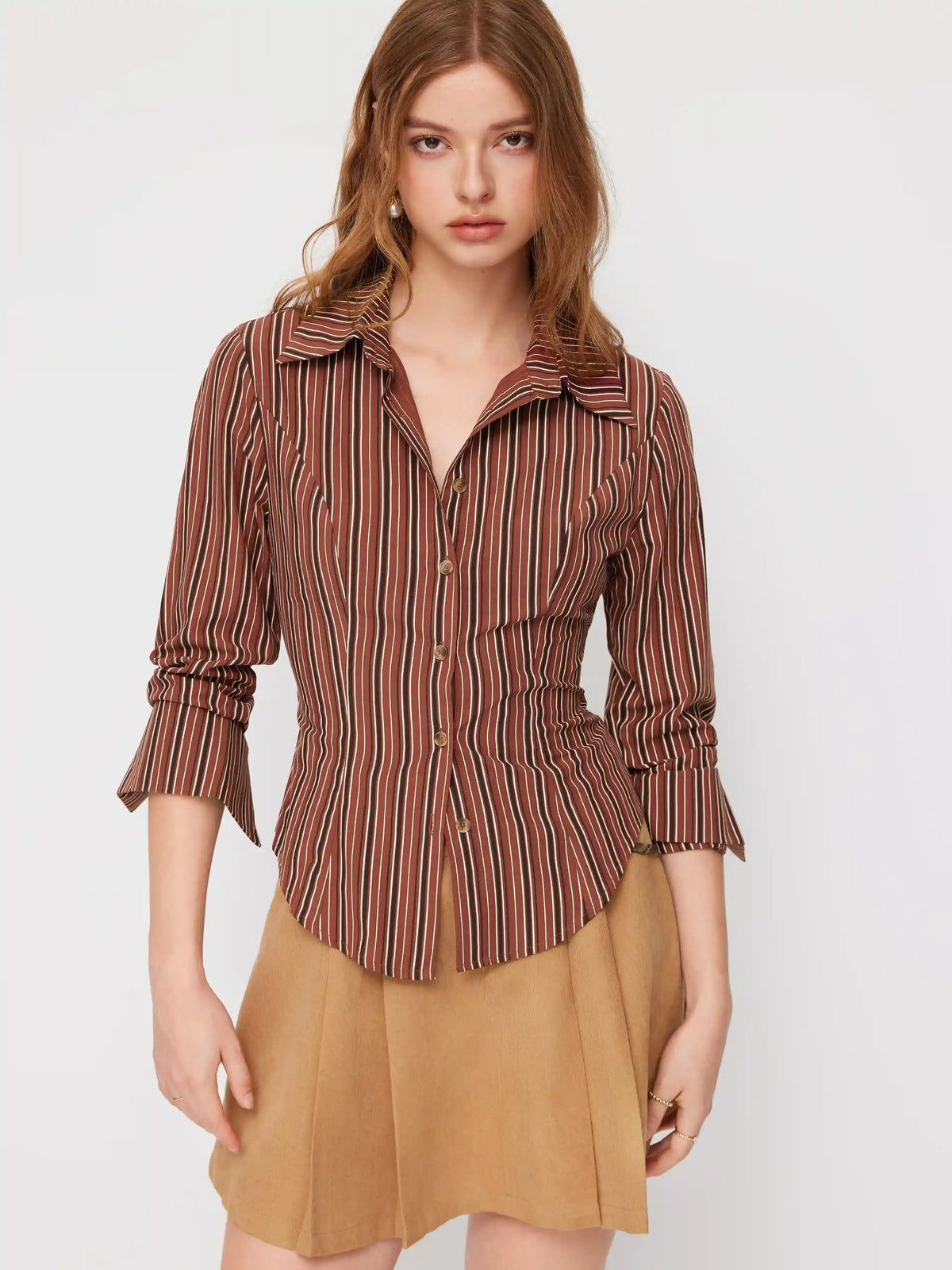 Collar Stripe Curved Hem Roll up Long Sleeve Blouse