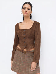 Suede Square Neck Long Sleeve Asymmetrical Hem Button Jacket