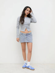 Denim Low Rise Asymmetrical Micro Mini Skirt