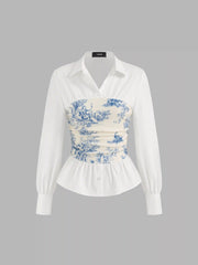 Cotton-blend V-neck Toile de Jouy Ruched Long Sleeve Blouse