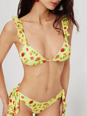V-neck Fruit Knotted Lettuce Trim Triangle Cheeky Bikini Set