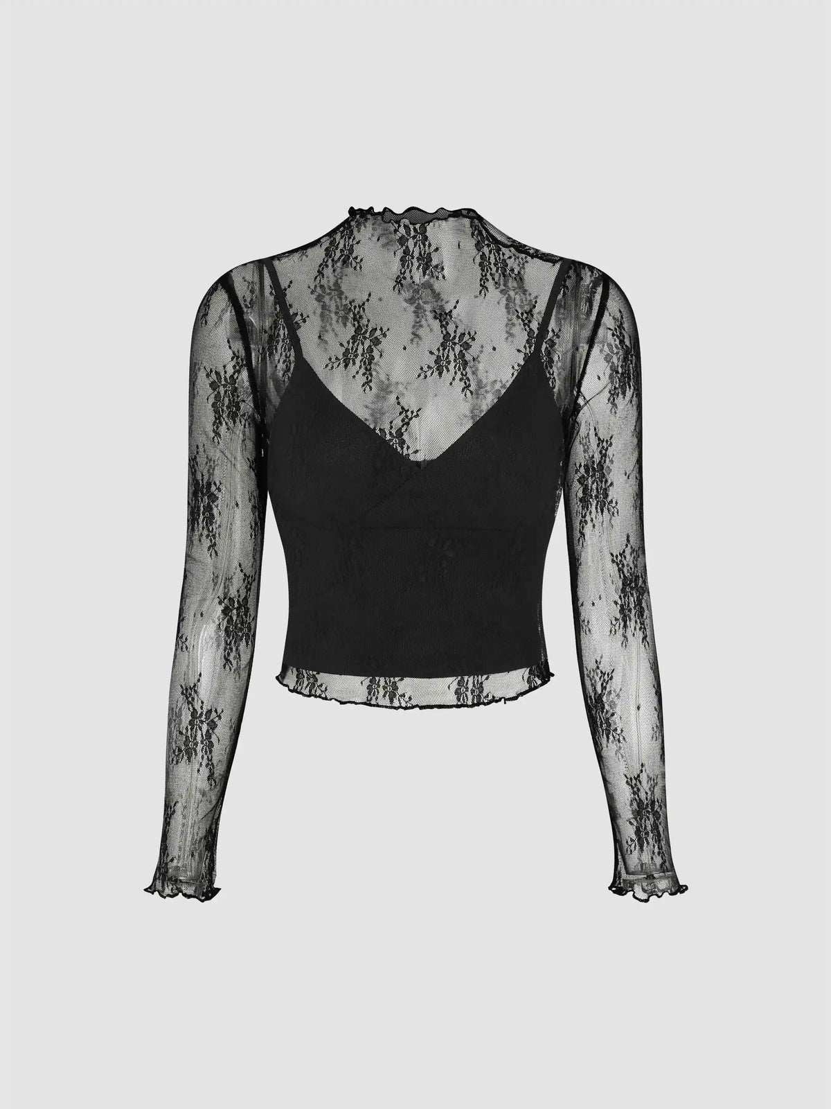 High Neck Lace Floral Blouse & Solid Crop Cami Top Set