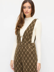 Wool-look Plaid Deep V-neck Wide Leg Jumpsuit