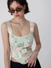 Linen-blend Floral Square Neck Lace Trim Corset Tank Top