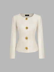 Tweed Round Neckline Solid Button Jacket