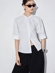 Cotton-blend Lantern Sleeve Round Neckline Blouse