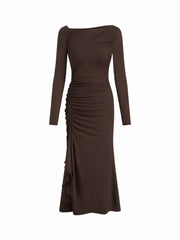 Asymmetrical Neck Long Sleeve Ruched Draped Maxi Dress