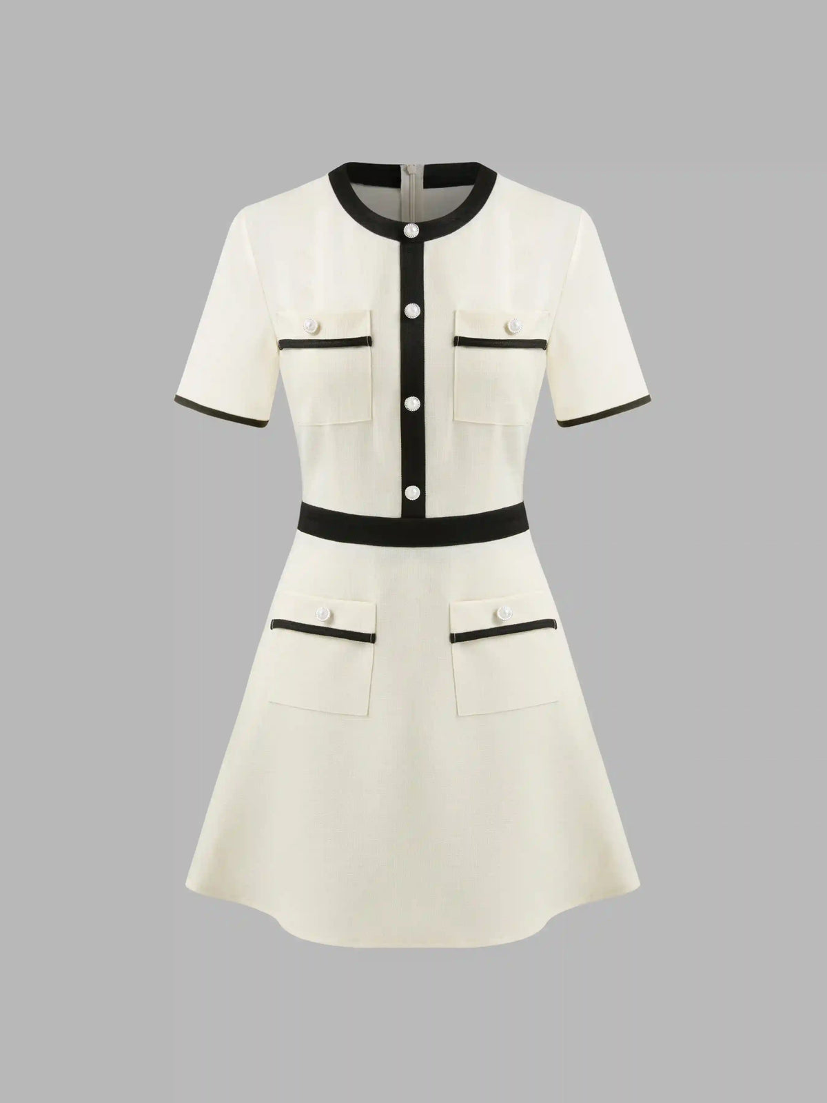 Tweed Round Neckline Contrasting Binding Pearl Button Mini Dress