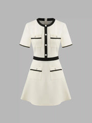 Tweed Round Neckline Contrasting Binding Pearl Button Mini Dress