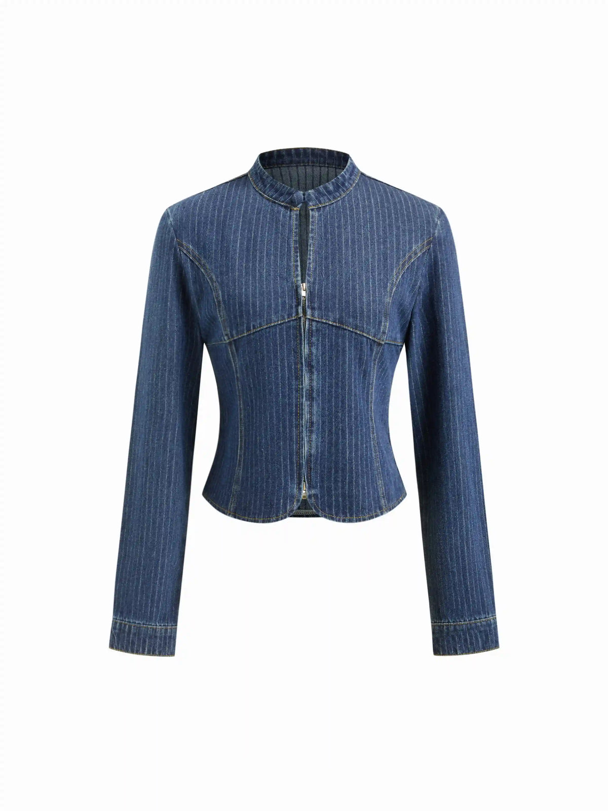 Denim Mandarin Collar Long Sleeve Striped Cut Out Blouse