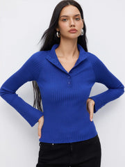 Knit Collar Button Long Bell Sleeve Top