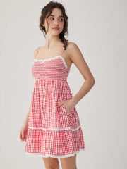 Gingham Square Neck Shirred Tiered Ruffle Hem Mini Dress