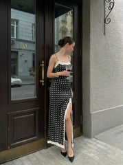 Satin Polka Dot Lace Panel Split Slip Maxi Dress