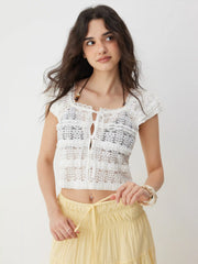Hollow Out Lace Panel Square Neck Ruffle Sleeve Oversized Crop Top