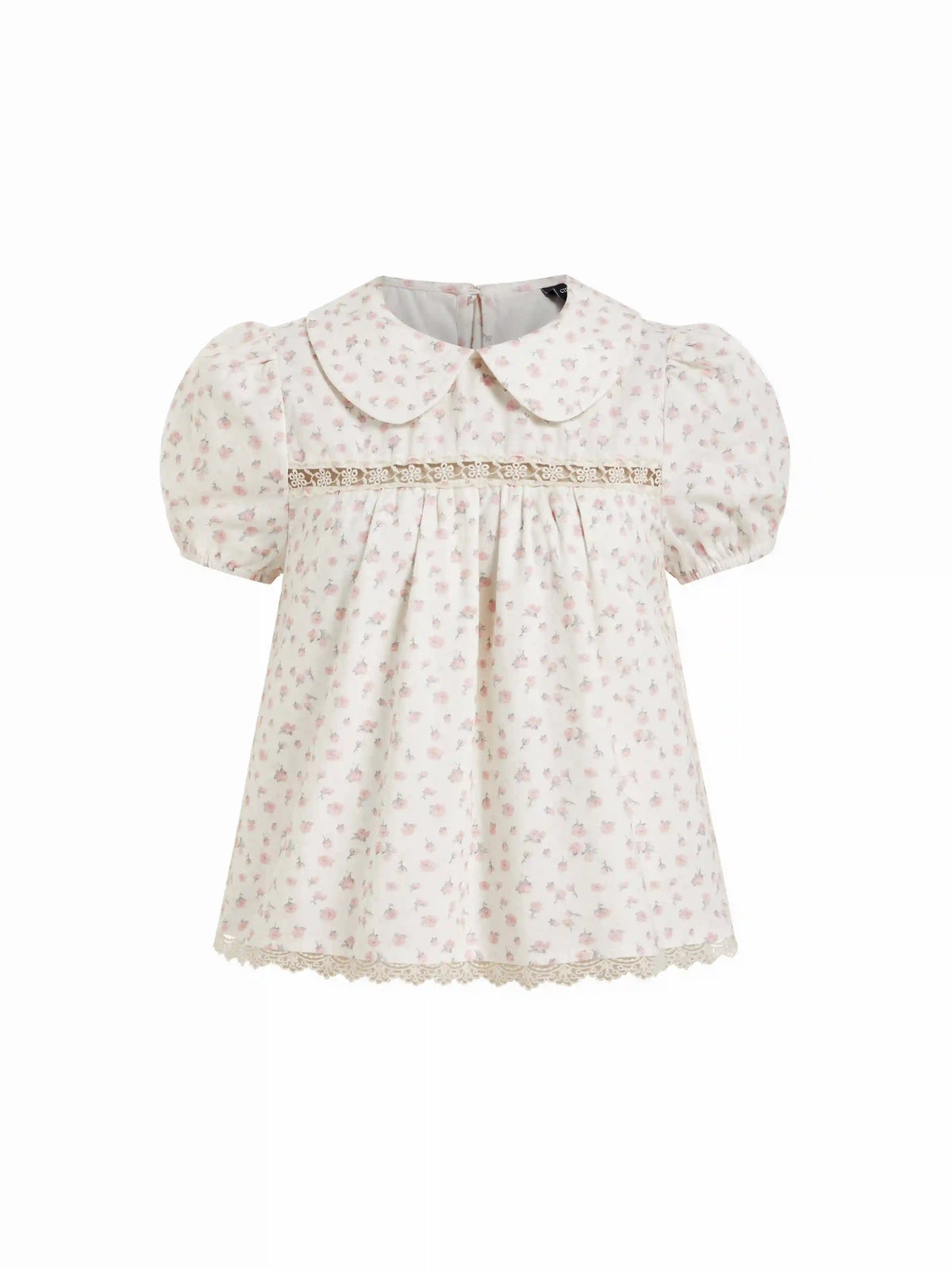 Cotton-blend Floral Peter Pan Collar Puff Sleeve Lace Insert Babydoll Blouse