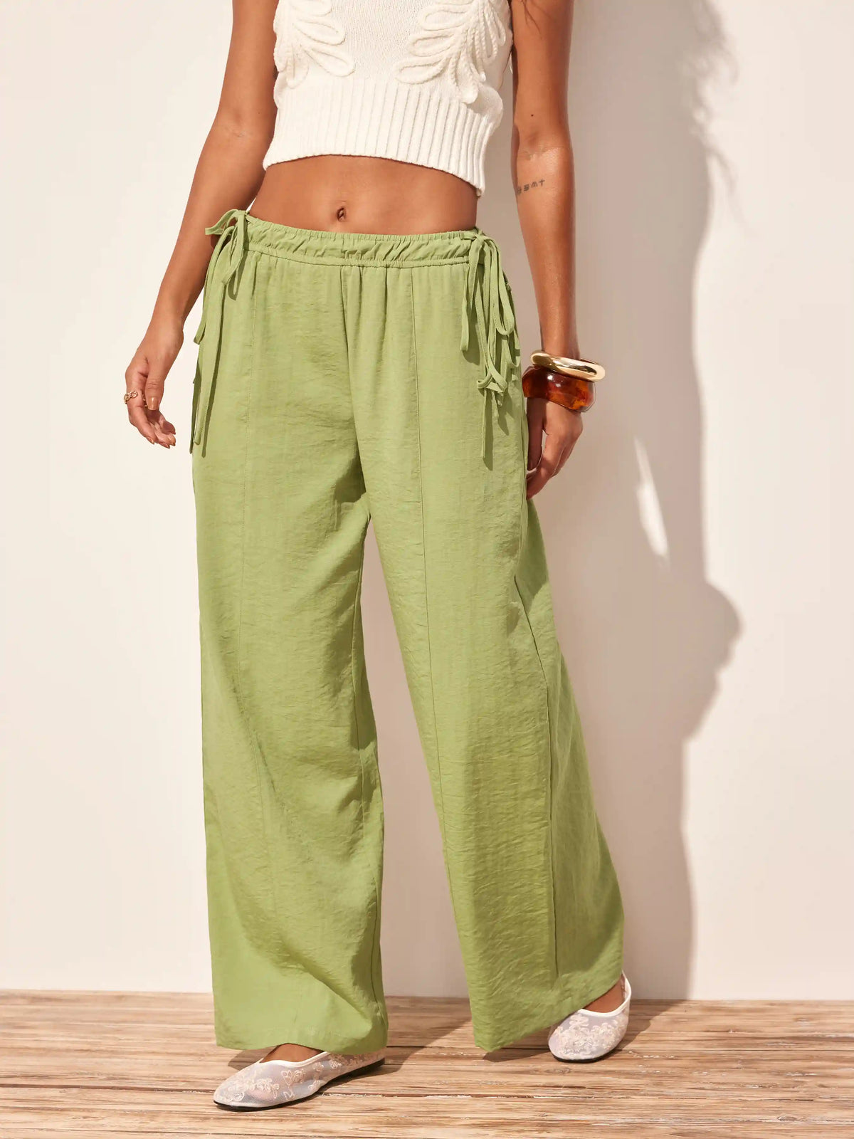 Cotton-blend Mid Rise Drawstring Wide Leg Trousers