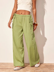 Cotton-blend Mid Rise Drawstring Wide Leg Trousers