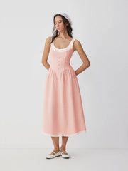 Gingham Square Neckline Lace Up Maxi Dress
