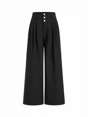 High Rise Pleated Button Wide Leg Trousers