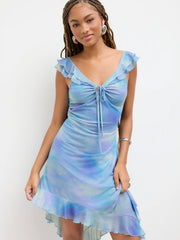 Mesh V-neck Abstract Cut Out Knotted Asymmetrical Ruffle Hem Maxi Dress