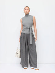 Wool-look Cotton-blend Mid Rise Striped Wide Leg Trousers