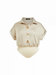 Satin Collar Short Sleeve Metal Detail Blouse Bodysuit Curve & Plus