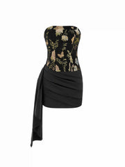 Jacquard Floral Asymmetrical Draped Ruched Bandeau Mini Dress