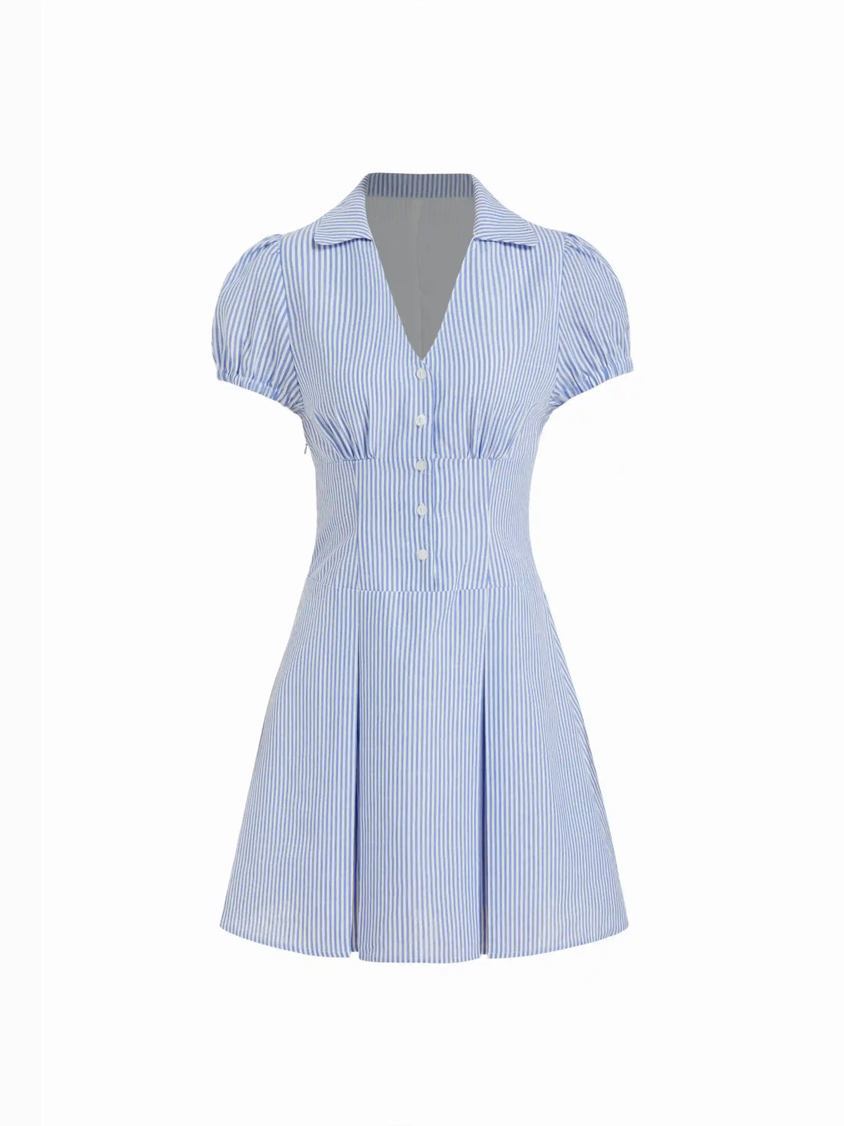 Cotton-Blend Striped Polo Neck Puff Sleeve Shirt Mini Dress