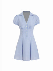 Cotton-Blend Striped Polo Neck Puff Sleeve Shirt Mini Dress