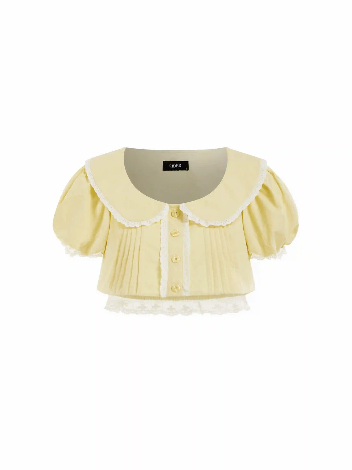 Cotton Peter Pan Collar Puff Sleeve Lace Trim Crop Blouse