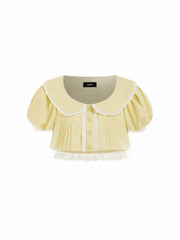 Cotton Peter Pan Collar Puff Sleeve Lace Trim Crop Blouse