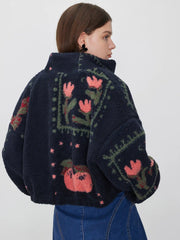 Fleece High Neck Graphic Zipper Jacket