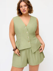 Linen-blend Asymmetrical Hem Lace Up Vest & Mid Rise Shorts Set Curve & Plus