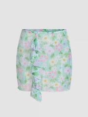 Floral Ruffle Trim Tie Side Cover Up Skirt