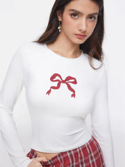 Bowknot Graphic Round Neckline Top & Plaid Mid Rise Elastic Waist Straight Leg Trousers Loungewear Set