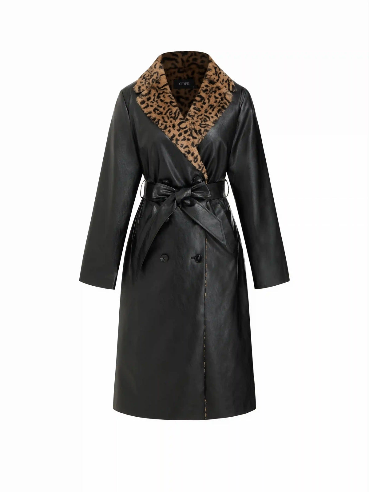 Faux Leather Leopard Faux Fur Trim Double Breasted Coat With Belt