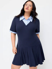 Cotton Collar Stripe Pleated Two Tone Mini Dress Curve & Plus