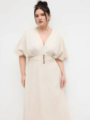Linen-blend V-neck Ruffle Ruched Midi Dress Curve & Plus