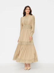 High Neck Long Sleeve Contrasting Lace Hollow Out A-line Maxi Dress
