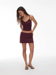 Cotton-blend Ruched Lace Trim Cami Top & Low Rise A-line Mini Skirt Set